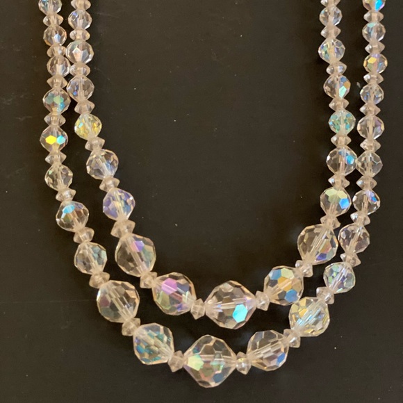 Vintage Aurora Borealis Double Stranded Beaded Choker 15" Necklace - Picture 4 of 6